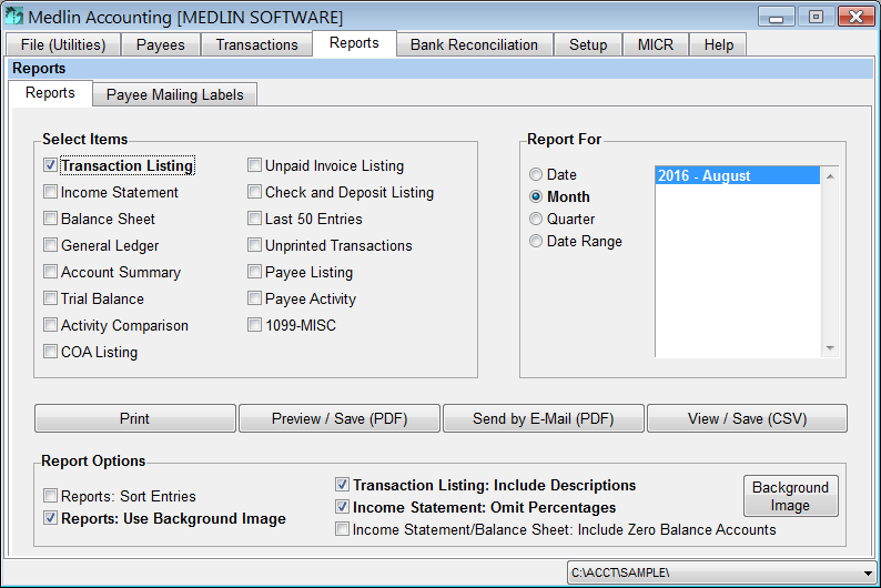 Desktop Accounting Software by Medlin Report Screen